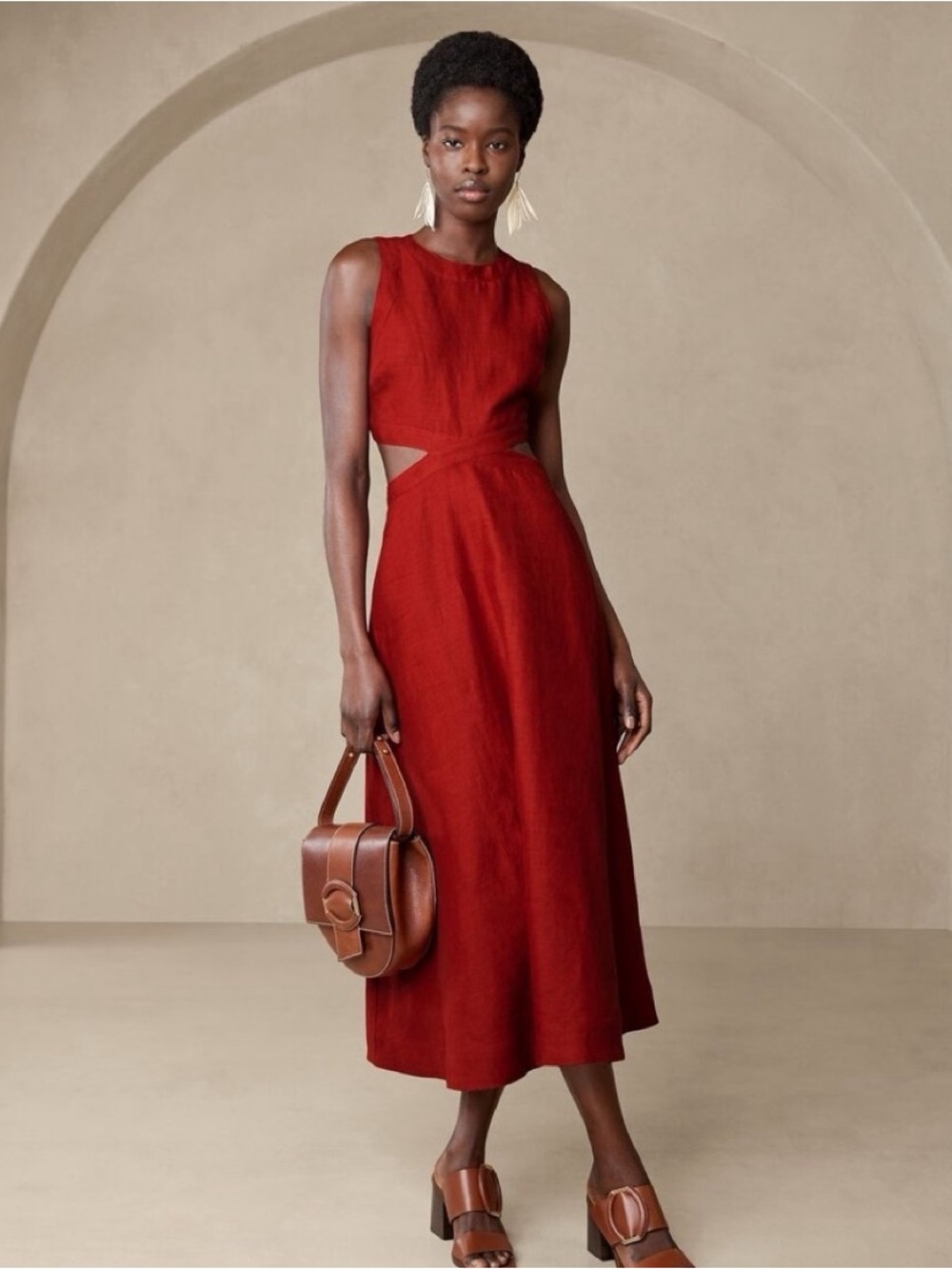 Banana Republic Red Fit-and-Flare Cutout Women's Linen Dress